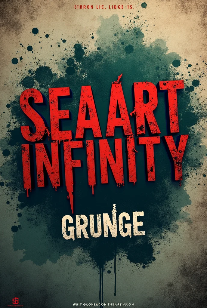 Create a gritty, edgy poster for "SeaArt Infinity" with the title in a distressed, grunge-style font at the top. The background should feature rough textures, splatters, and worn, torn elements that give the design a raw, rebellious feel. Below the title, place the word "Grunge" in a similar distressed font. Use a muted, dark color palette with tones of black, grey, and deep red or green to enhance the grunge aesthetic.