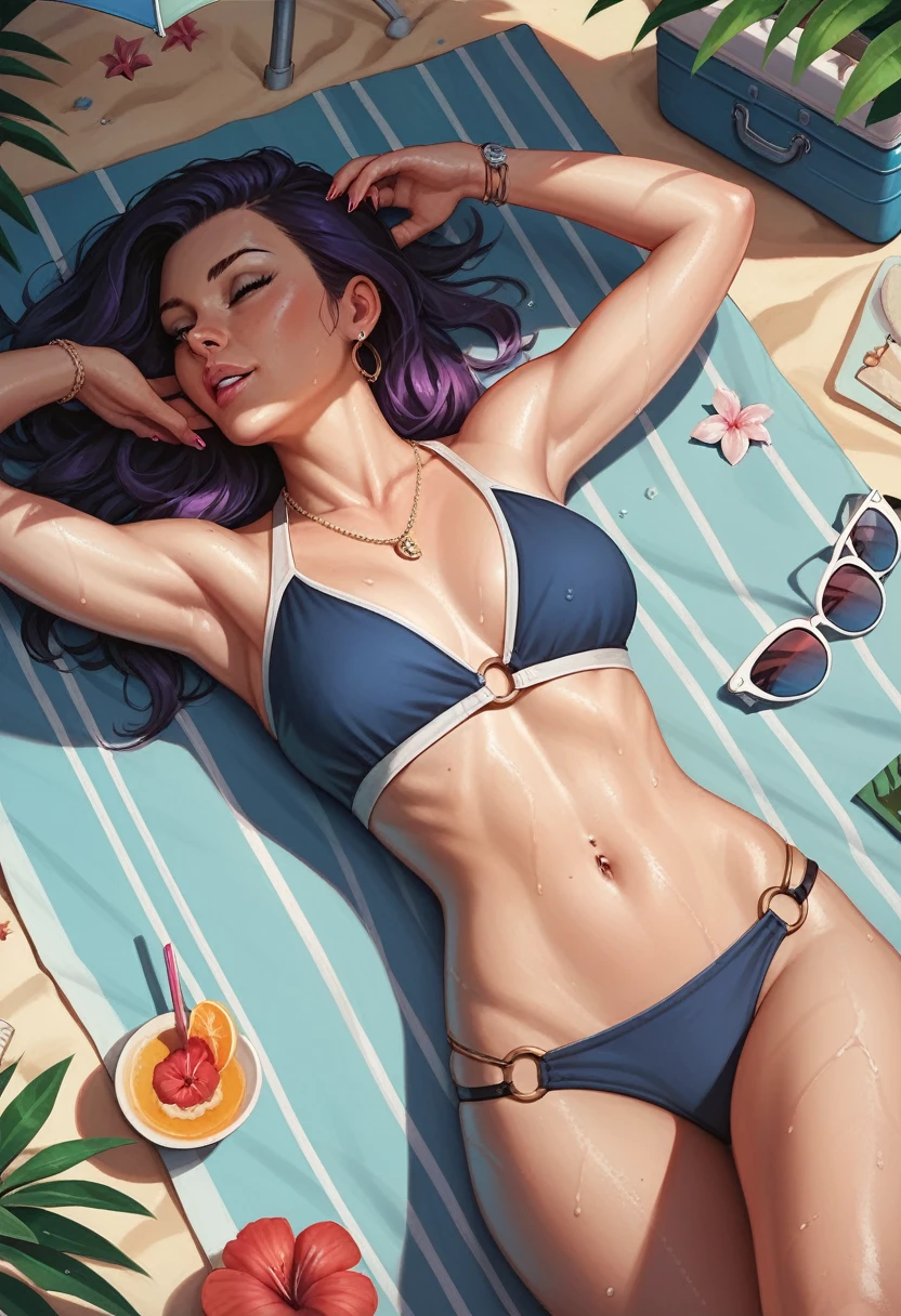 Woman relaxing beach rainy day