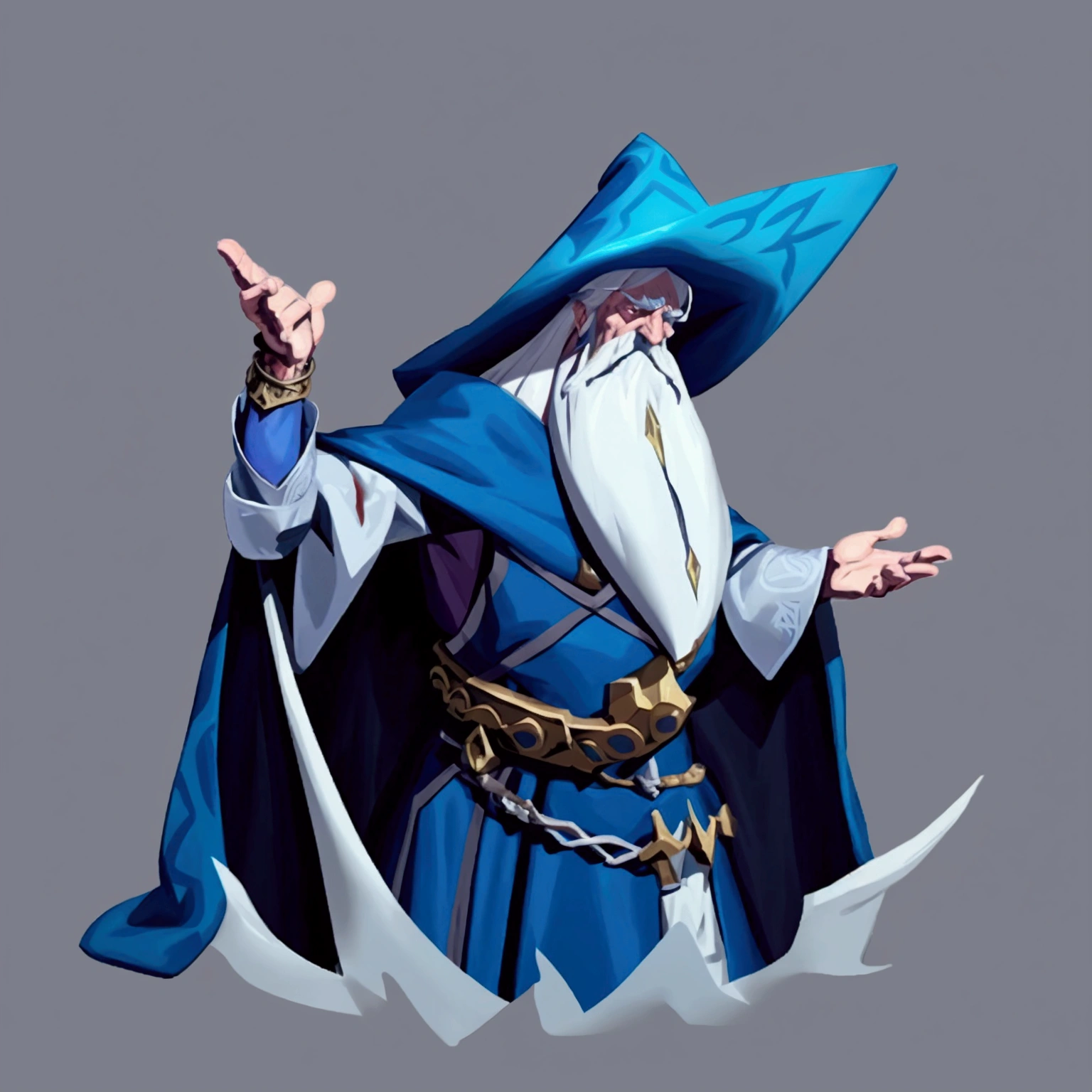 concept art, European and American comics, game character design, White-haired old man, Wizard, Upper body close-up angle, A full-body cloak of cloudy blue, Wearing a cloak hat, Priestly style attire, belt, Wearing a metal bracelet on your arm, Gandalf-like appearance, A white beard that extends down to the navel, A frowning expression, big nose, A stern expression, Face close-up screen, Detailed facial expressions, Please show only the top of your chest