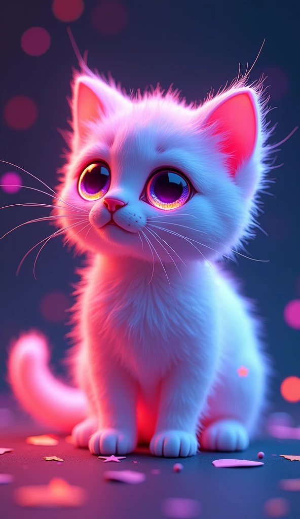 매혹적인 3D rendering은 빛나는 것을 보여줍니다., A very fluffy kitten sculpted entirely from crystal, glowing with vibrant neon colors. This low poly creature looks out of this world, Its big, Glowing low poly eyes that grab the viewer's attention. With a beautiful bokeh background, A glowing cat is the main focus of this piece.., Inspiring wonder and awe. The innovative use of neon hues and low-poly style in this conceptual art design highlights the artist's creativity and innovative approach to 3D rendering, It made it a truly fascinating and unique piece of art..., vibrant, 3D rendering, product, conceptual art, picture