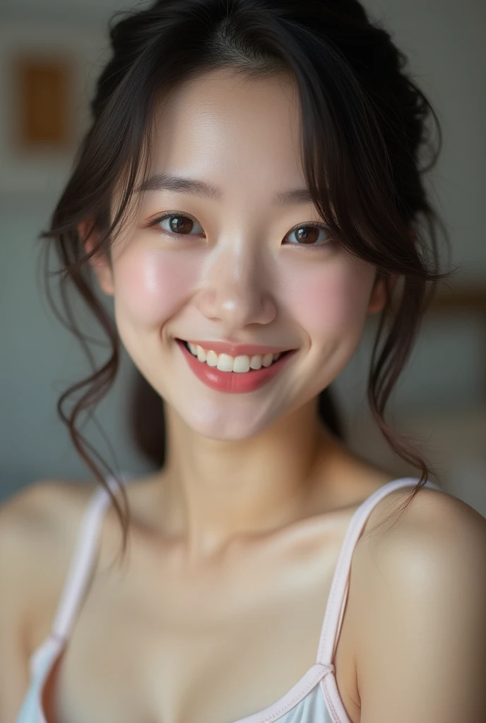 Naked Japanese Women、large breasts and white skin、She has pink nipples and a small butt.。A close-up of her smiling face、It shows her inner peace and outer charm.。