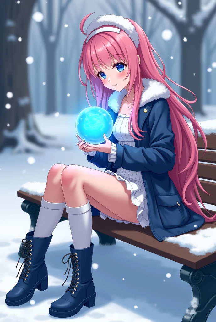 In a 2D anime-style winter scene, the 17-year-old pink-haired girl sits gracefully on a snow-covered park bench. She wears a sexy, stylish outfit featuring blue boots, white thigh-high socks, a mini skirt, and a chic coat, complemented by a white headband that keeps her long pink hair in place. Snowflakes gently fall around her, adding a serene touch to the scene. She holds a glowing blue orb of magical dream energy, with her blue eyes intently focused on it, reflecting both beauty and mystery. The scene captures her charm and allure against the tranquil snowy backdrop