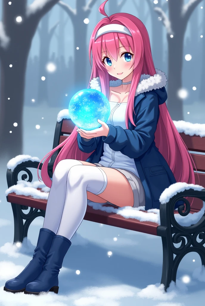 In a 2D anime-style winter scene, the -yeld pihaired girl sits gracefully on a snow-covered park bench. She wears a sexy, stylish outfit featuring blue boots, white thigh-high socks, a mini skirt, and a chic coat, complemented by a white headband that keeps her long pink hair in place. Snowflakes gently fall around her, adding a serene touch to the scene. She holds a glowing blue orb of magical dream energy, with her blue eyes intently focused on it, reflecting both beauty and mystery. The scene captures her charm and allure against the tranquil snowy backdrop