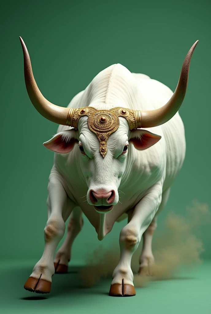 Angry white bull with long horns and having lots of gold ornaments, running to dash greenscreen background side view