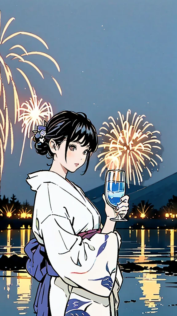 A highly realistic 4K image of a Japanese woman wearing a traditional yukata. She is standing at night, holding a small glass of water in one hand, and is positioned in front of a vibrant fireworks display. The fireworks light up the night sky with vivid colors. In the background, Mount Fuji is visible, its silhouette slightly illuminated by the fireworks. The scene captures the serene and festive atmosphere, with the woman looking peaceful and the yukata adorned with intricate patterns.
