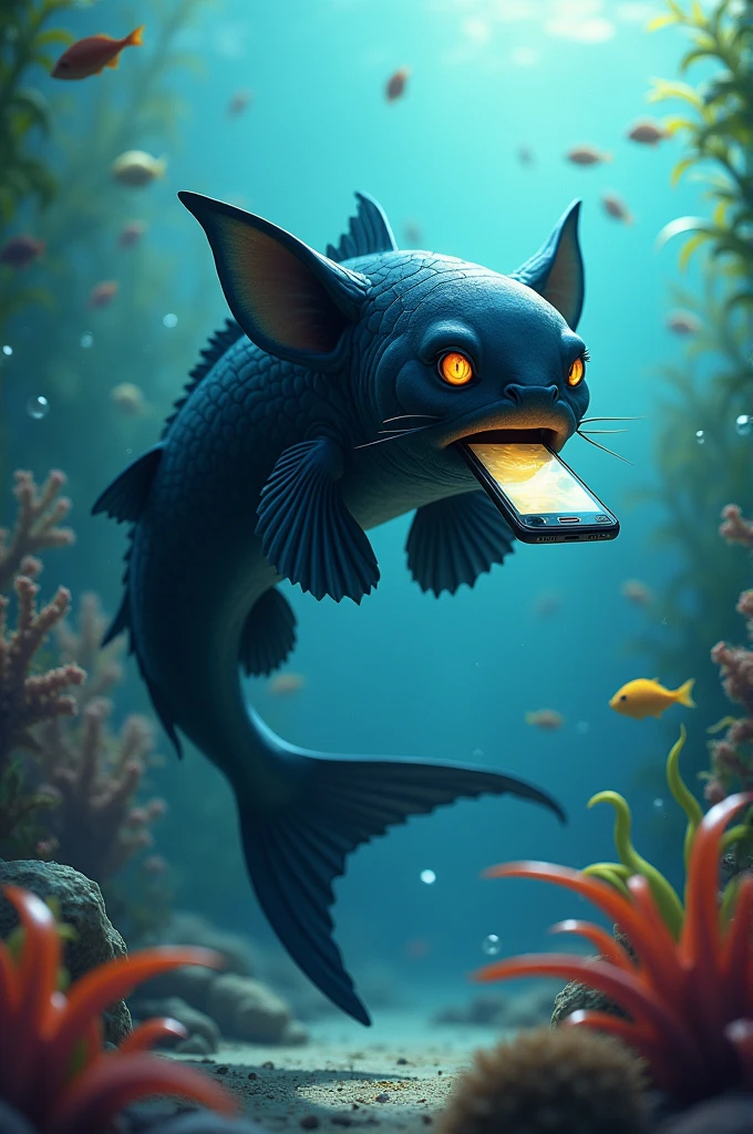 Black catfish steals a mobile phone