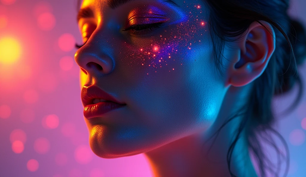 (close), Portraiture, Portraiture, (alone), masterpiece, Highest quality, Clothes with strong contrast, psychedelic, [[[lsd]]], particle, bloom, Neon lighting, (Shine), Flat Color, Splashes of color, Mixing colors universe background