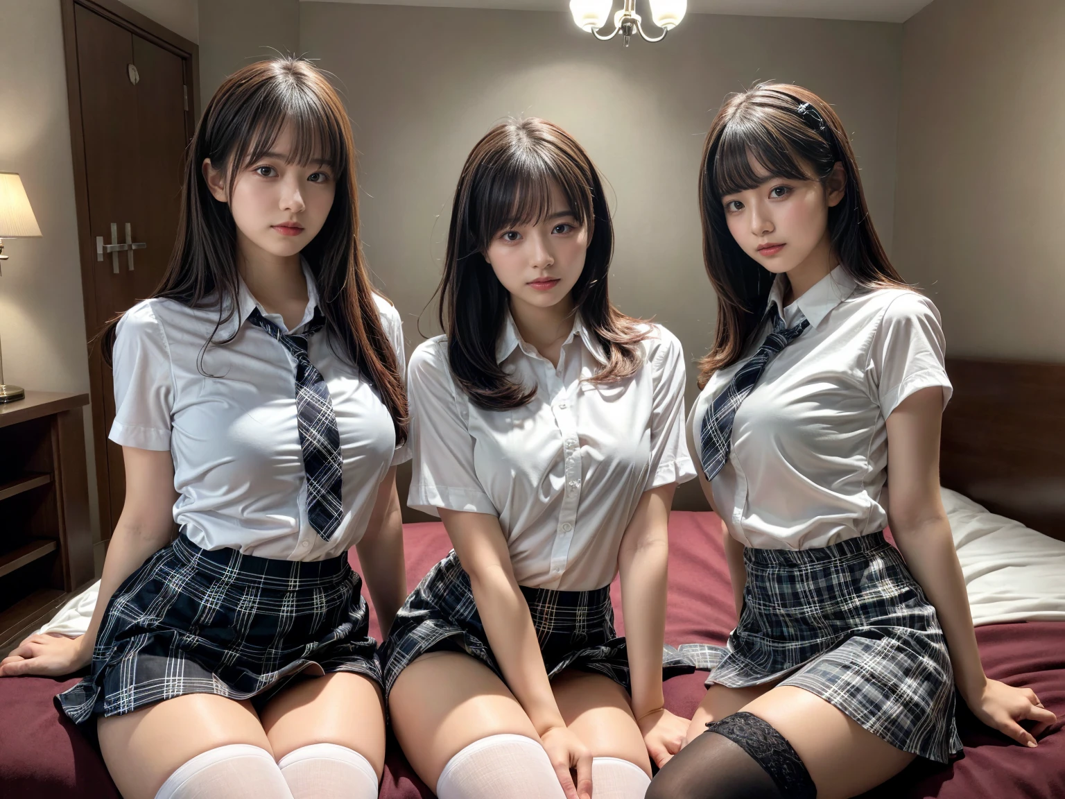 masterpiece, best quality, illustration, Super detailed, fine details, High resolution, 8K,wall paper, perfect dynamic composition,(Details High quality, realistic depiction of eyes:1.3), (3 girls), (white school shirt :1.2), (plaid skirt :1.3), tie black, black thigh-high stockings, sitting, open legs, short bob hair, in a hotel room in the background, deep on field, large breasts, black hair color, Big Natural Color Lip, (perfect body shape), crying a little、Harajuku style、20 year old girl、cute type、beautiful legs, Gravure Idol