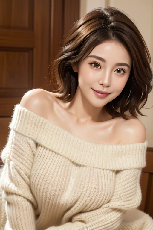 ,Highest quality, masterpiece, Ultra-high resolution, Realistic, One girl, Off the shoulder, smile, Extra Large_sweater, Soft lighting, Detailed skin,Brown Hair、whole body、stroll