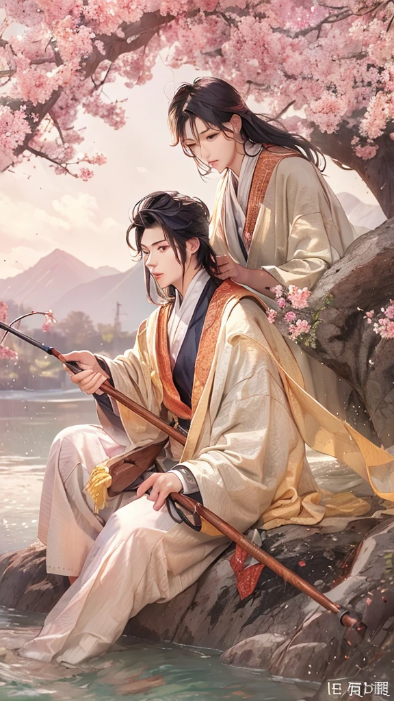 best quality,masterpiece,Ultra-high resolution,(photoactual:4:0),Peach blossom tree,One,hansome,dashing,Immortal temperament,20 year old oriental man,long hair shawl,Red and white long robe,sit on the river bank,Peach blossom tree下,Master the wine gourd in one hand,drink wine,Hold the fishing rod in the other hand,fishing