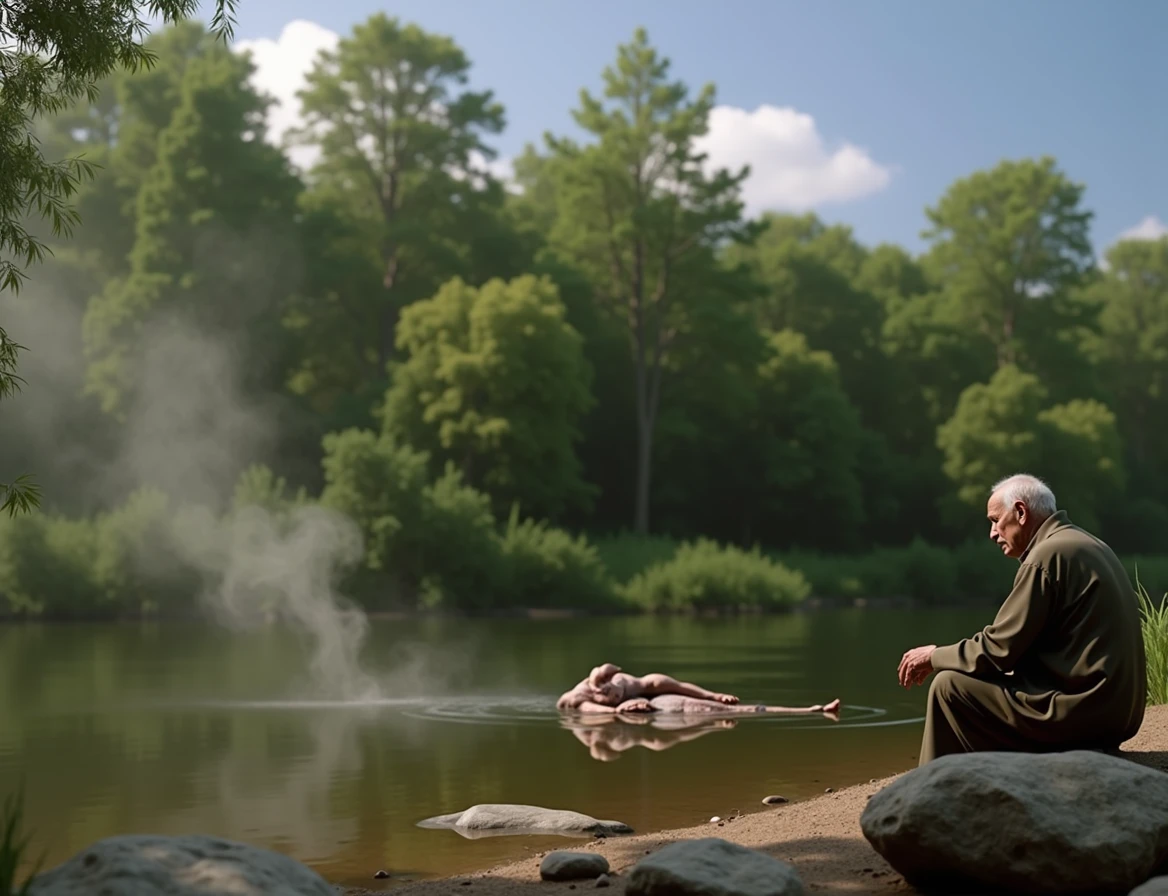 A photorealistic image of a wise old man sitting on a stone near the bank of a river. The old man sees a floating human dead body, passing in the river. Human dead body floating belly down, head underwater. A human body floating face down in a river. Half-submerged lens reveals his ultra-slim deformed by water figure in a grey loose dress. Masterpiece, best quality, 8K, photo realistic, wallpaper, wallpaper 8k, photographic contest winner, Hyperrealistic art cinematic film still photography in the style of detailed hyperrealism photoshoot. [Entire scene is surrounded by lights, evoking a magical and eerie atmosphere. The lighting is bright and atmospheric, with smoke adding a touch of sinister ambiance. Best quality image, HDR enhancement, showcasing the utmost level of detail and realism]. [8K, Best Quality, Ultra High Resolution, (highly detailed CG unity 8k wallpaper), (best photo), (best shadows), isometric 3D, octane rendering, ray tracing, highly detailed, (Best quality, 4K, 8k:1.2), absurdity, ultra detailed, (realistic, photorealistic, photorealistic:1.37), complex parts, HDR, (complex parts:1.12), (hyper detailed, hyper realistic, Soft lighting, spicy:1.2), (complex parts, Hyper detailed:1.15). Blurred foreground. (backlit), masterpiece, high quality, brightness, chromatic aberration, foggy smoke, shadows, contrast, clear sky, (warm hue, warm tone), high details, natural reflections].