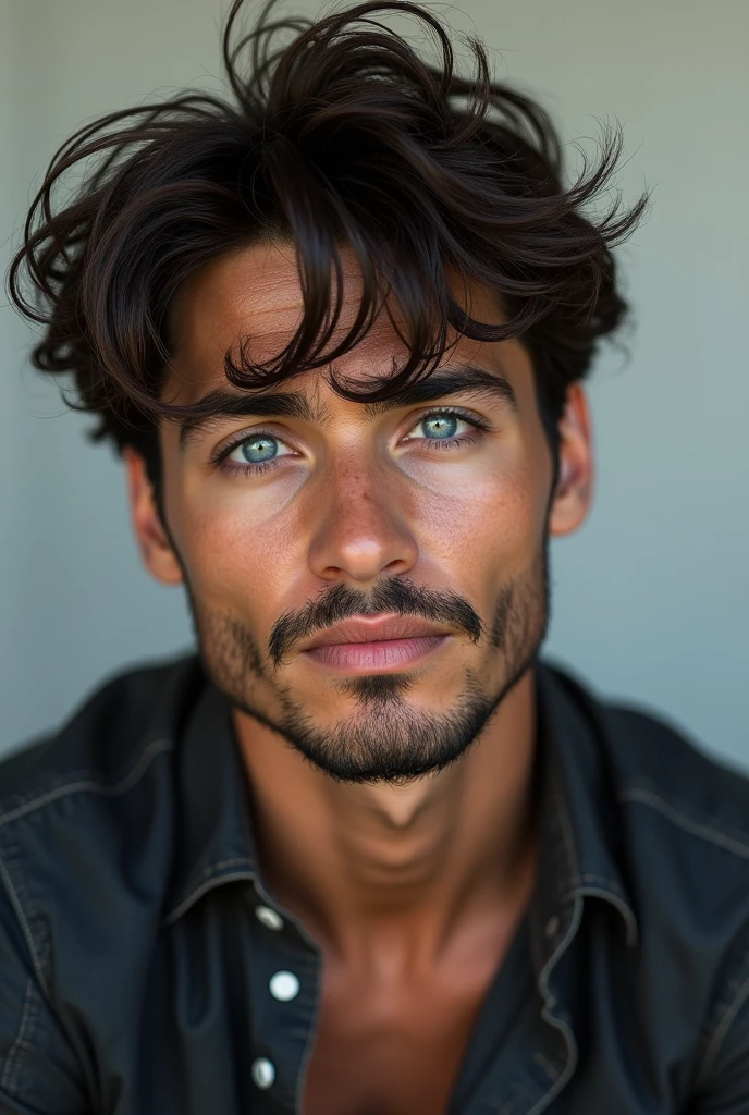 a 19 year old american dude with a messy fringe medium length hair, blue eyes, french beard, fit body and his face resembles elvis presley and young johnny depp 