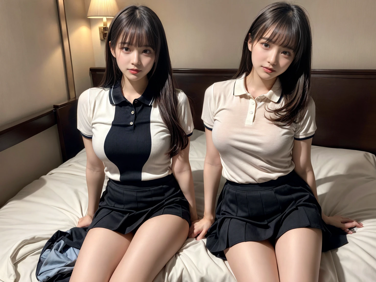 masterpiece, best quality, illustration, Super detailed, fine details, High resolution, 8K,wall paper, perfect dynamic composition,(Details High quality, realistic depiction of eyes:1.3), (2 girls), (collared polo shirt), pleated skirt, knee high socks, twin tails, sitting, open legs, in a hotel room in the background, deep on field, large breasts, black hair color, Big Natural Color Lip, (perfect body shape), crying a little、Harajuku style、20 year old girl、cute type、beautiful legs, Gravure Idol