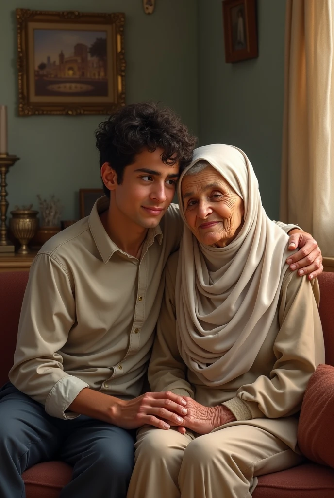 Arab youth sitting with his old mother