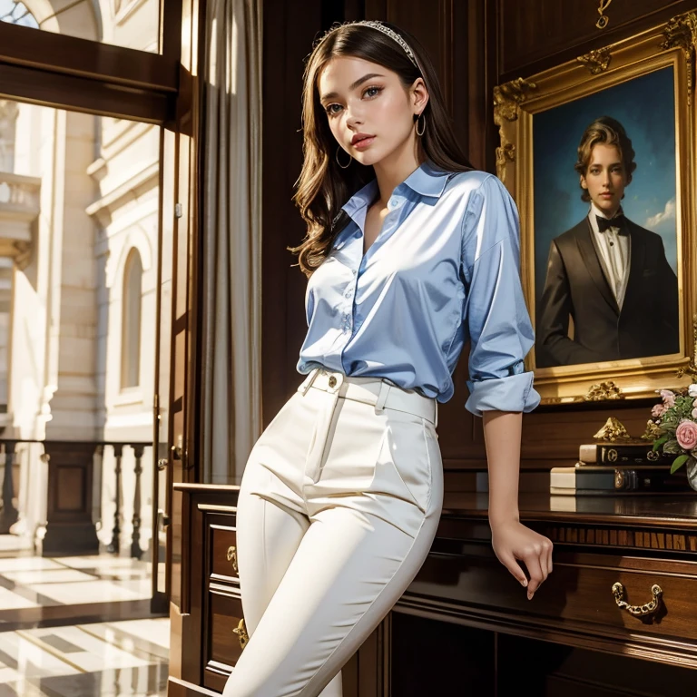 (masterpiece, best quality:1.5), highest quality, High resolution, super detailed, Realists, Upper body photo of a brunette 22-year-old woman, detailed and beautiful eyes, beautiful detailed lips, very detailed eyes and face, longeyelashes, 22-year-old woman in a shirt made of blue shiny satin fabric and white trousers, Beautiful and colorful makeup, elegant and noble々Pose,shiny satin headband,, Office as background, bright daylight, bright colors, fine brushstrokes, Portrait style, beautiful color palette, glowing skin, First-class rendering, that captures every detail, enchanting atmosphere, (perfect anatomy:1.2), (The stunning woman wears a red satin shirt and white pants. (magnificent panorama view:1.2)