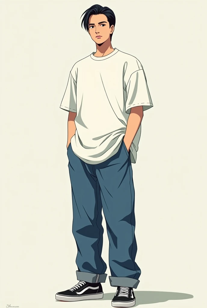 Oversized clothing, plain white t-shirt, thick denim, black VANS sneakers, man, slicked back, center parting, front, full body, anime, high school age