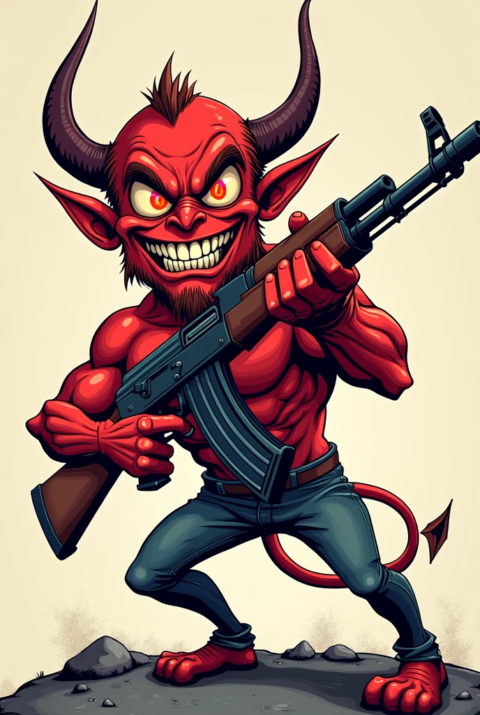 Cartoon of a devil with an ak 47 saying We3