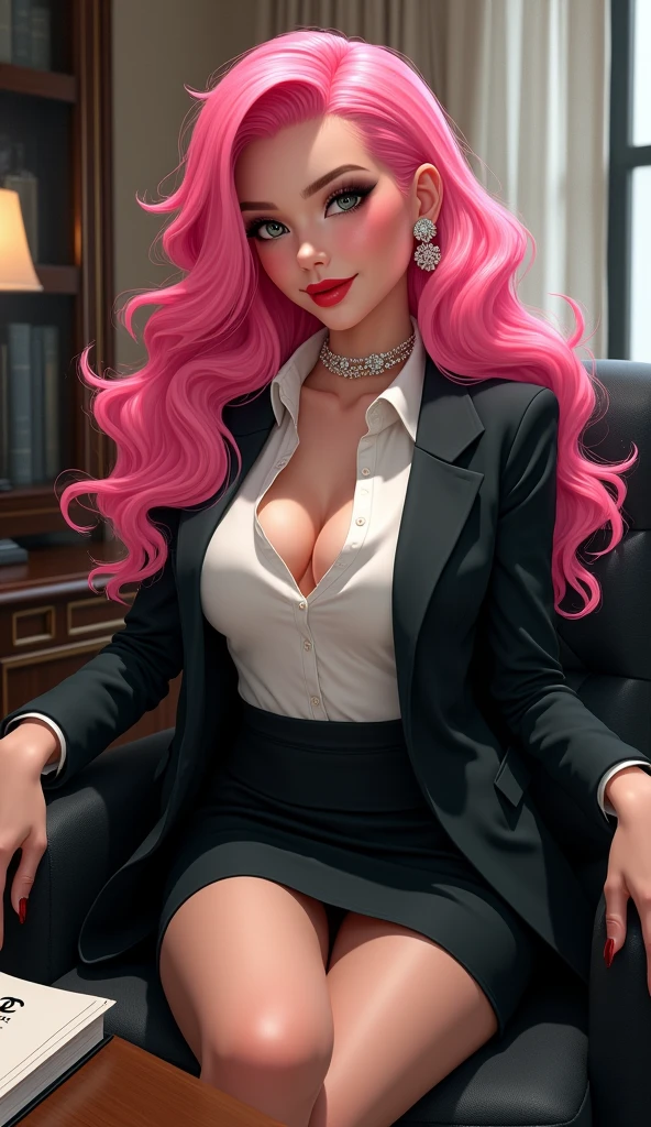 (masterpiece: 1.4), (best quality: 1.4), (nonsense: 1.4), pin-up, , Poison_long_hair_aiwaifu, Poison_long_hair_aiwaifu, spiky hair, hat, big hair, very_long_hair, pink hair, pink_hair, big_hair, ((executive woman, business woman, black suit, black skirt, pantyhose, high heels, sitting on chair, office, meeting room, company, notebook, Chanel, red lipstick, white dress shirt))