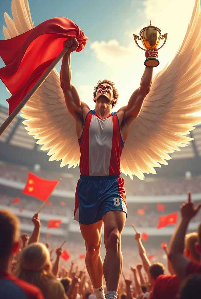 An image of an athlete having a wing like an angel, celebrating with a trophy after winning a race, with a flag at his hand