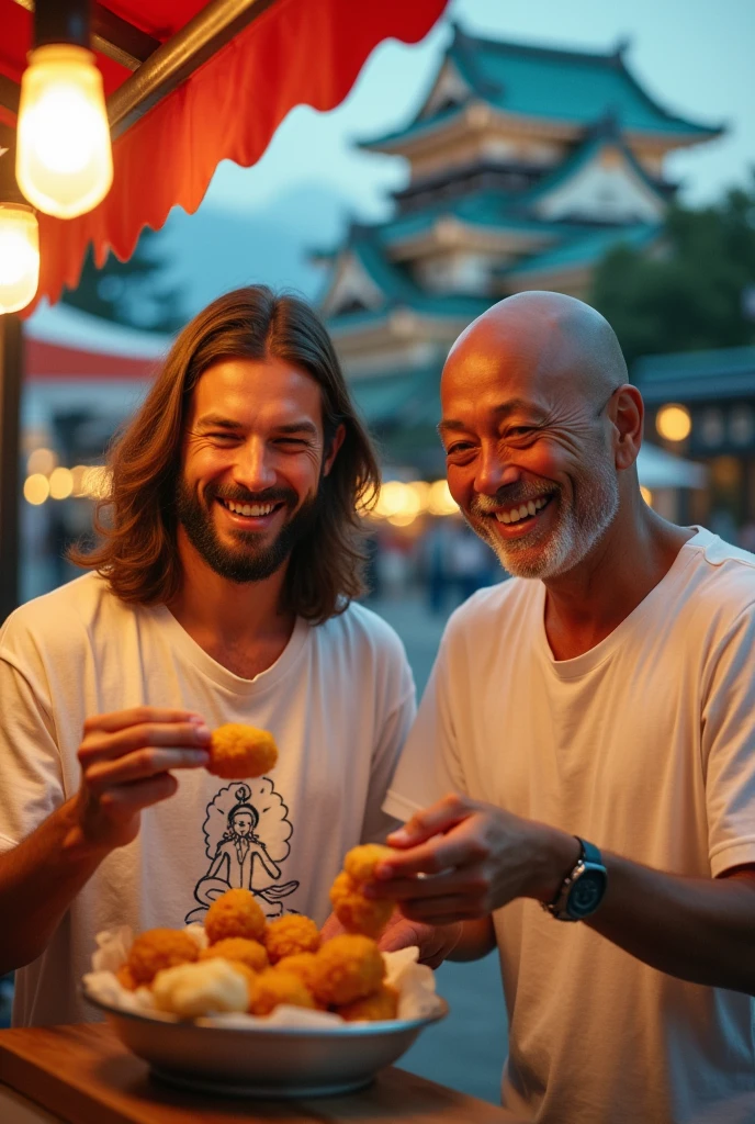 Viewed diagonally from above. Jesus Christ and a Japanese man eating takoyaki in Osaka. They smile happily with wise and benevolent faces. they are shining. Surrounded by rainbow-colored light. An illustration of an octopus is drawn on the stall. Jesus of Nazareth is depicted as a gentle, gentle man with shoulder-length hair. His wavy brown hair flows over his shoulders. His face conveys deep wisdom and empathy, radiating warmth and understanding. The other man is depicted as a kind-hearted Japanese man with a Buddha-like shaved head and a gentle, cheerful expression. Japanese men's faces convey deep wisdom and empathy, radiating warmth and understanding. They are wearing white T-shirts and jeans. Japanese castle in the background. Photography, close-up, highly detailed, trending at the art station, sharp focus, studio shot, intricate details, Greg Rutkowski,