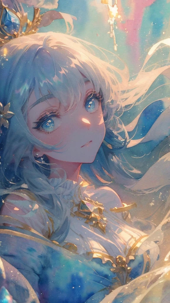 (High quality, 8K), (watercolor paiting:1,2, Soft light:1.5), Upper body, (topaz), Blue,Rainbow Color, One girl, Detailed face, Detailed eyes, watercolor paiting, very magical and dreamy, dreamy and detailed, dreamy atmosphere and drama, Beautiful dreamy lighting, dreamy ambiance, Beautiful atmosphere, Dreamy Romantic, Ethereal dreamy theme, Beautiful atmosphere, Anime Background Art, Magical atmosphere + masutepiece, dreamy aesthetic, Beautiful details with atmosphere,
