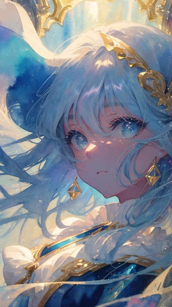 (High quality, 8K), (watercolor paiting:1,2, Soft light:1.5), Upper body, (topaz), Blue,Rainbow Color, One girl, Detailed face, Detailed eyes, watercolor paiting, very magical and dreamy, dreamy and detailed, dreamy atmosphere and drama, Beautiful dreamy lighting, dreamy ambiance, Beautiful atmosphere, Dreamy Romantic, Ethereal dreamy theme, Beautiful atmosphere, Anime Background Art, Magical atmosphere + masutepiece, dreamy aesthetic, Beautiful details with atmosphere,