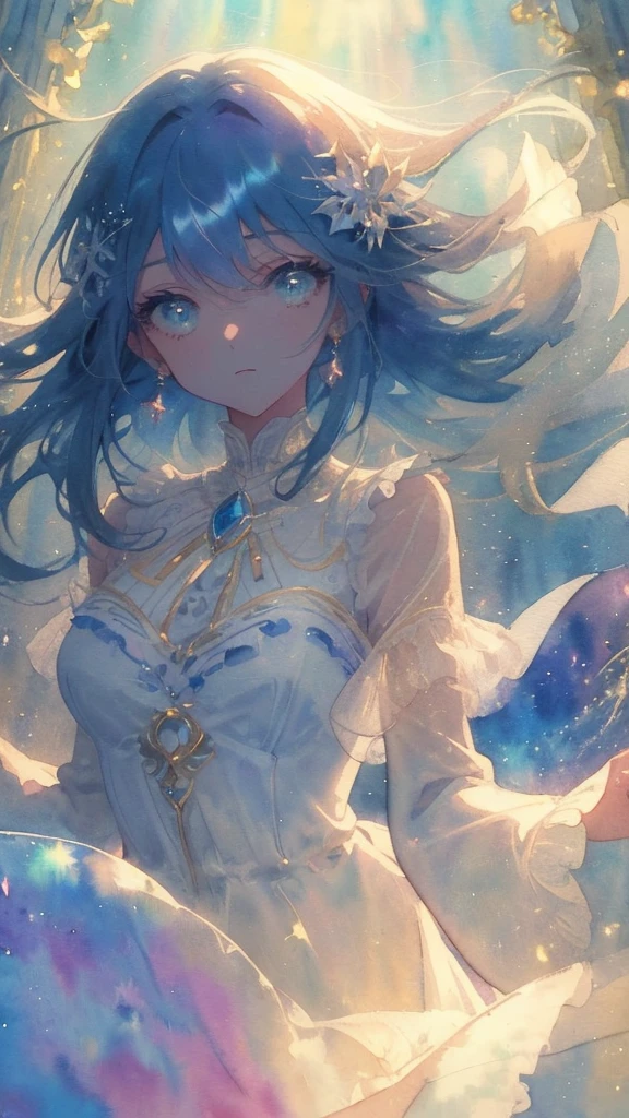 (High quality, 8K), (watercolor paiting:1,2, Soft light:1.5), Upper body, (topaz), Blue,Rainbow Color, One girl, Detailed face, Detailed eyes, watercolor paiting, very magical and dreamy, dreamy and detailed, dreamy atmosphere and drama, Beautiful dreamy lighting, dreamy ambiance, Beautiful atmosphere, Dreamy Romantic, Ethereal dreamy theme, Beautiful atmosphere, Anime Background Art, Magical atmosphere + masutepiece, dreamy aesthetic, Beautiful details with atmosphere,