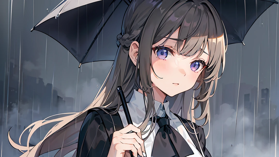 Dark grey and light brown hair、((Long hair tied back))、Looking down with cold eyes、Showing from the waist up、Black suit draped over shoulders、Wearing a white shirt underneath、black tie、Blue-violet eyes、((Rainy gray background))、Holding a large open umbrella。Beauty、(((Detailed picture)))、(((Detailed face)))イケメン風のBeauty、女の子One personだけ、One person