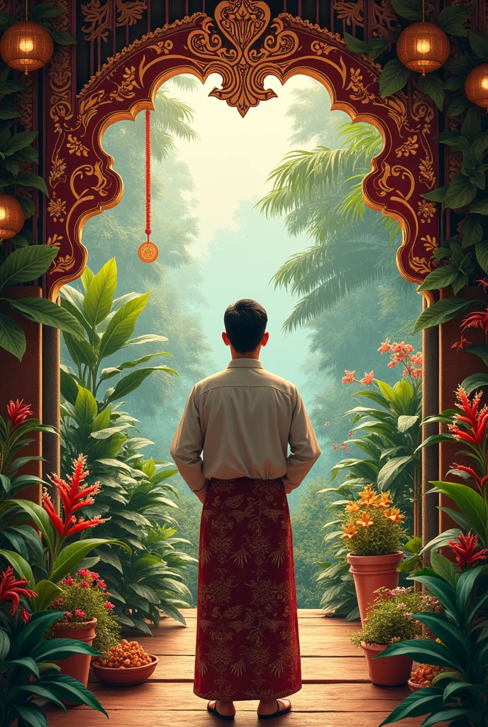 Create a background for an infographic themed "Indonesian writer".
Male character with his back turned and include many elements themed Indonesian art
