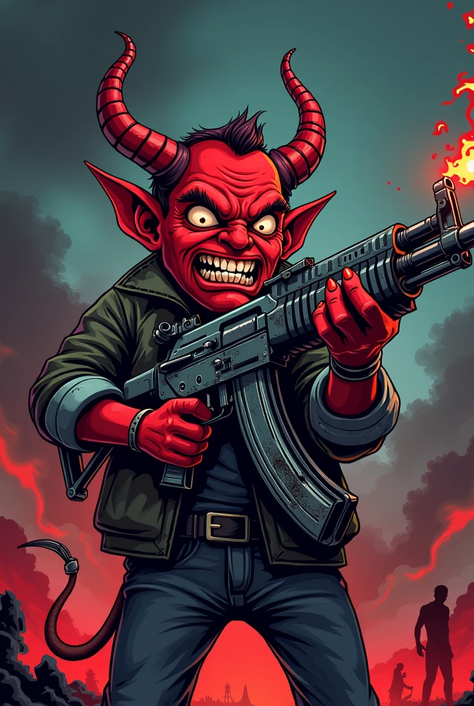 Cartoon of a devil with an ak 47
