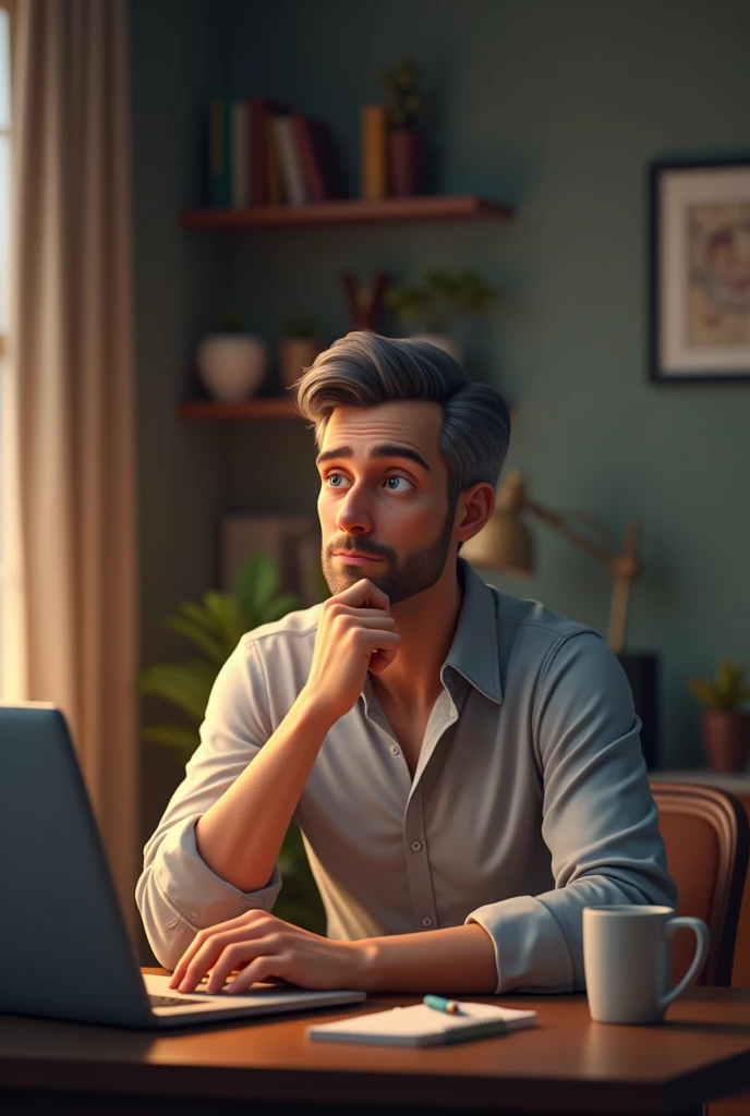 A man sitting before computer and get an idea
