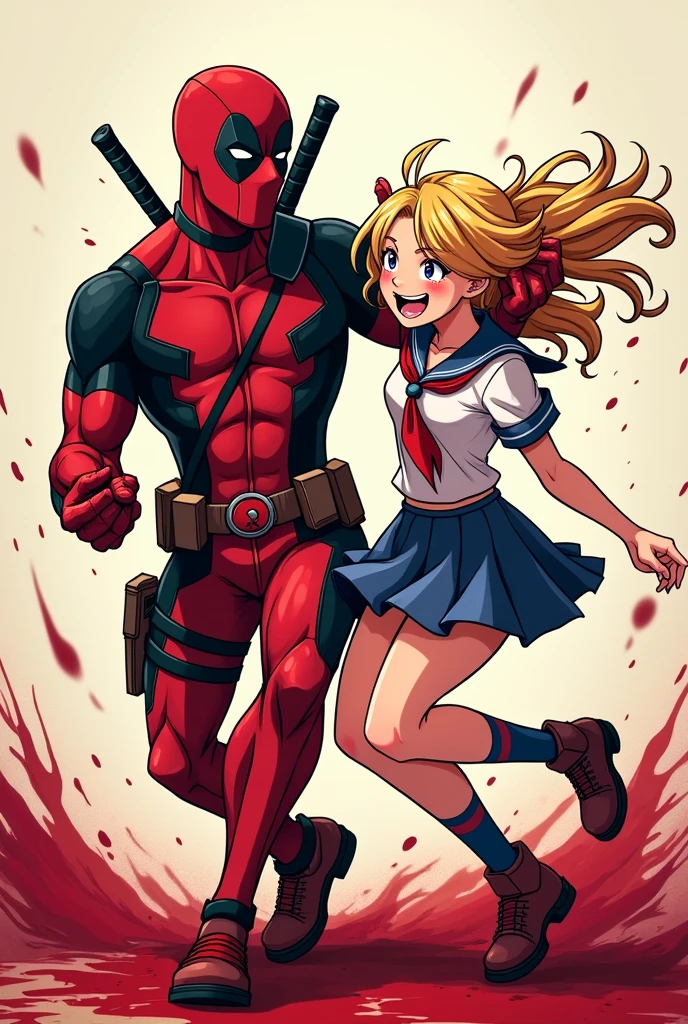 Make an anime version of the original Deadpool from Marvel Comics, all silly and happy, having fun and dancing while the floor and clothes around him are covered in blood as he dances side by side with the character Himiko Toga from Boku no Hero with the two having a lot of fun even though they are both covered in blood.