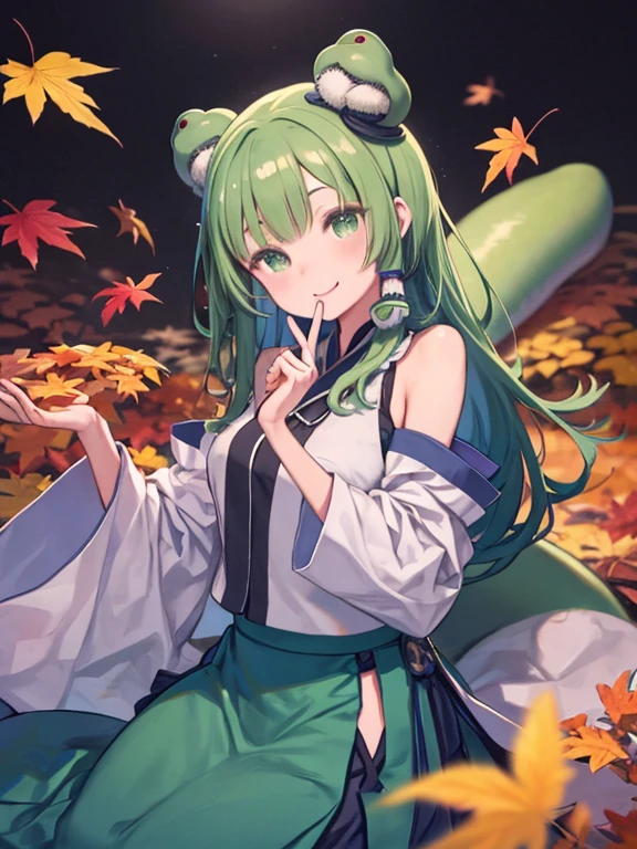 Highest quality,非常にdetailedな,unity 8k wallpaper,非常にdetailedなCG,非常にdetailedな肌,detailed,Dynamic Lighting,Beautiful attention to detail,Sanae Kochiya,Smile,Green long hair,Green Eyes,Frog hair accessory, Hair Tube,snake,Removable sleeves,shirt,Long skirt,autumn leaves,Stylish pose,Put your finger to your mouth,Tilt your head,Glowing Skin,