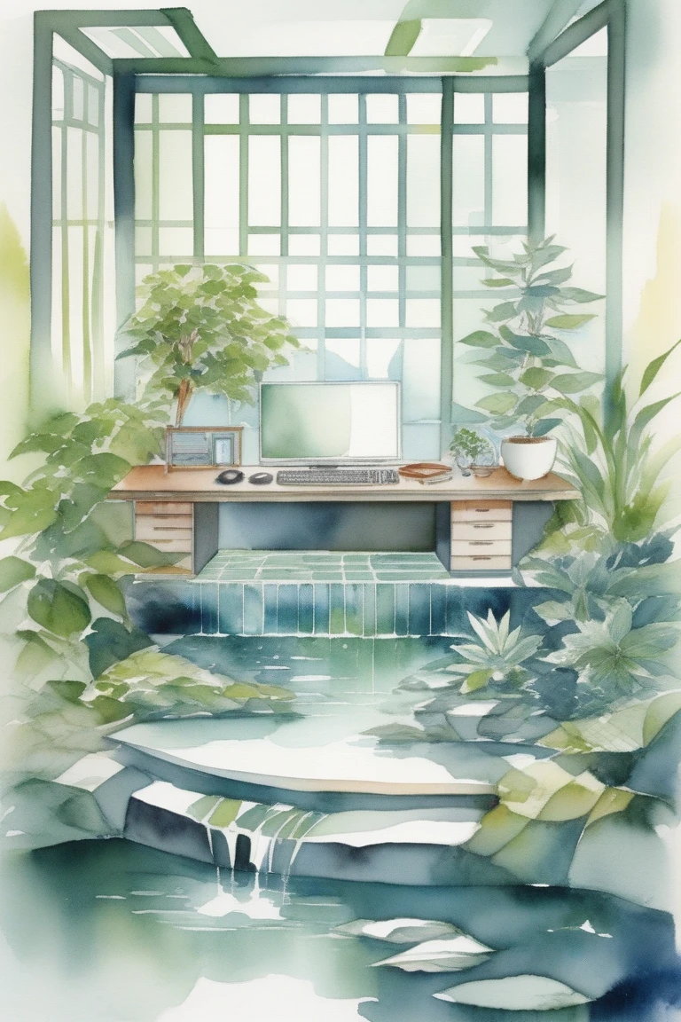 Illustrate a harmonious home or office space designed according to Feng Shui principles. Display balanced elements such as water features, plants, and geometric arrangements that promote peace and productivity, highlighting the transformation from chaos to tranquility."
