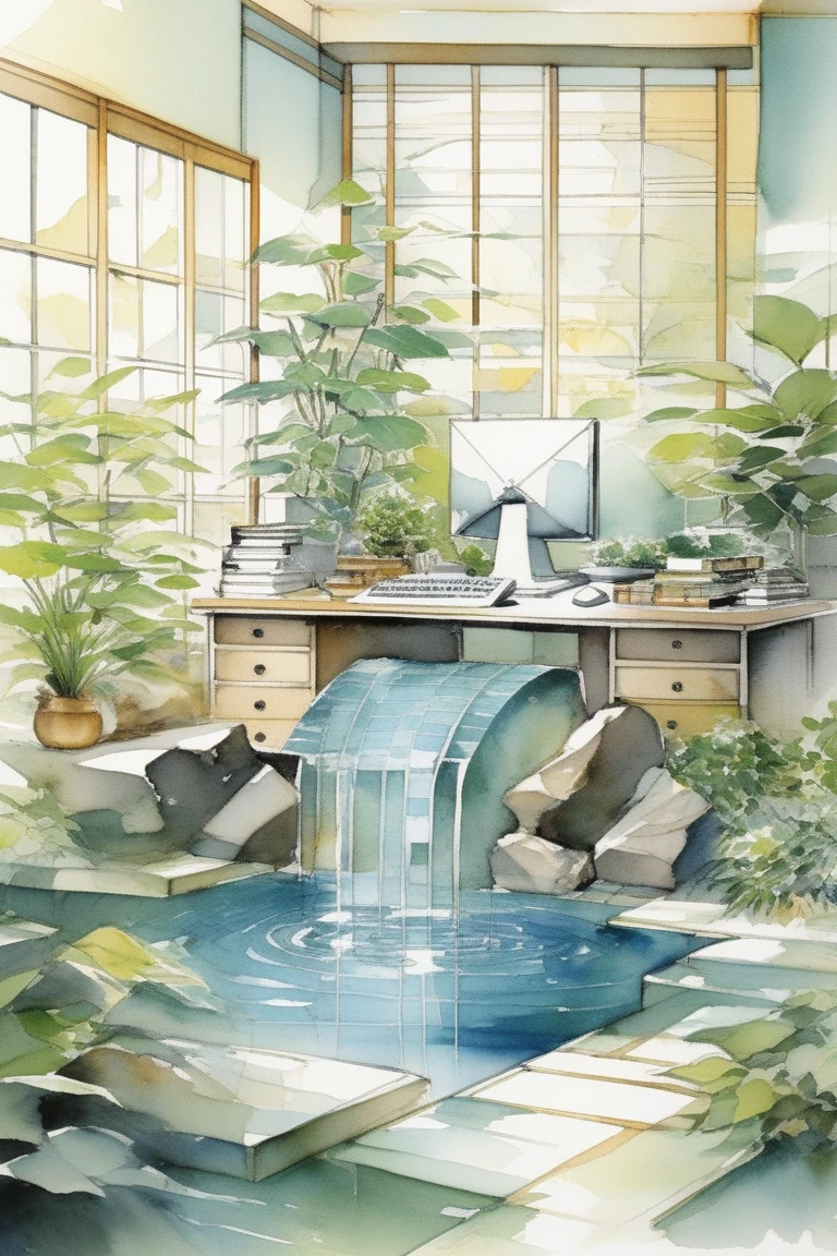 Illustrate a harmonious home or office space designed according to Feng Shui principles. Display balanced elements such as water features, plants, and geometric arrangements that promote peace and productivity, highlighting the transformation from chaos to tranquility."