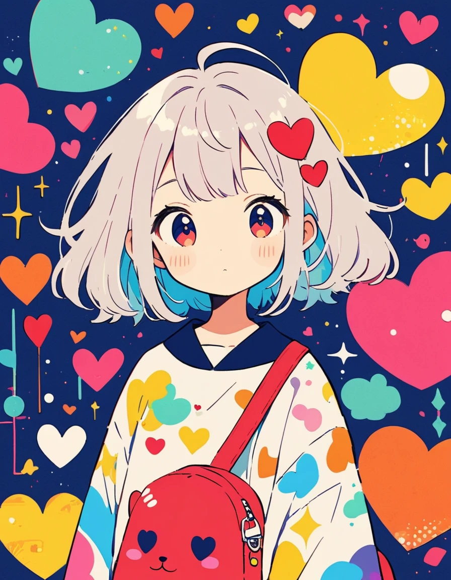 Hayao Miyazaki colorful style, Simple Line Initialism，Abstract art，Urban Background, (((The most beautiful girl of all time))), Sweet face. colorful hearts, kawaii design, The background is space