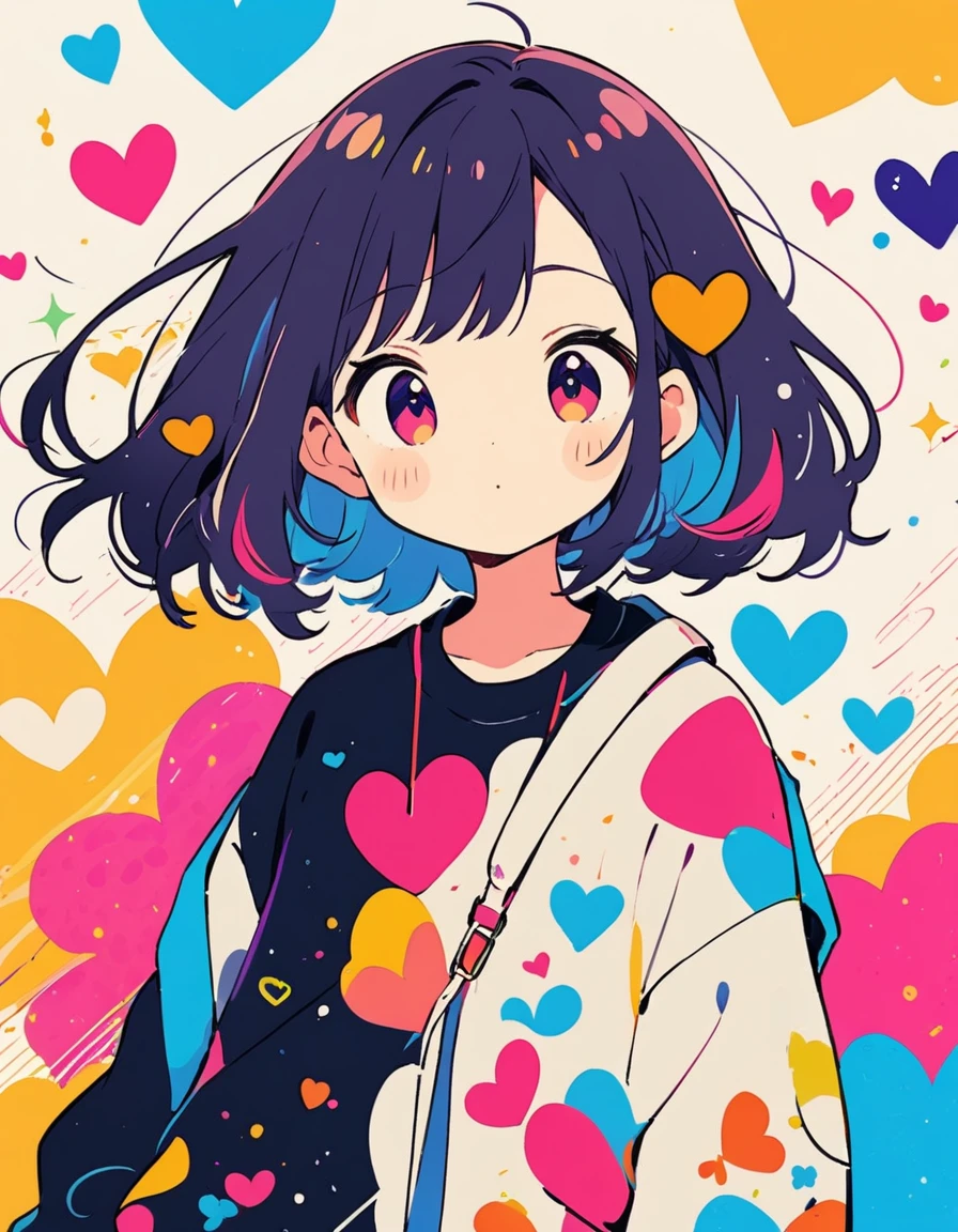 Hayao Miyazaki colorful style, Simple Line Initialism,Abstract art,Urban Background, (((The most beautiful girl of all time))), Sweet face. colorful hearts, kawaii design, The background is space