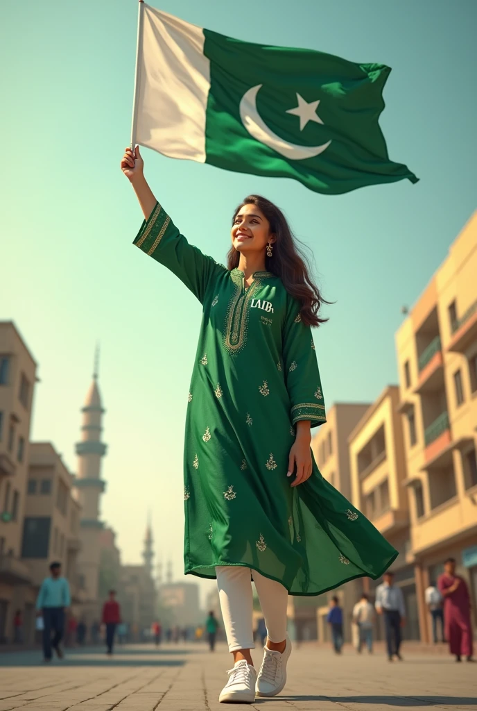 A real20"years old girl, Wearing green frock and white trozar_ sneakers and the name “ laiba is written on frock and the boy is standing on the road with holding a national flag of Pakistan and behind him is the Lahore And written on sky “Independence Day” Create Realistic image high quality..
