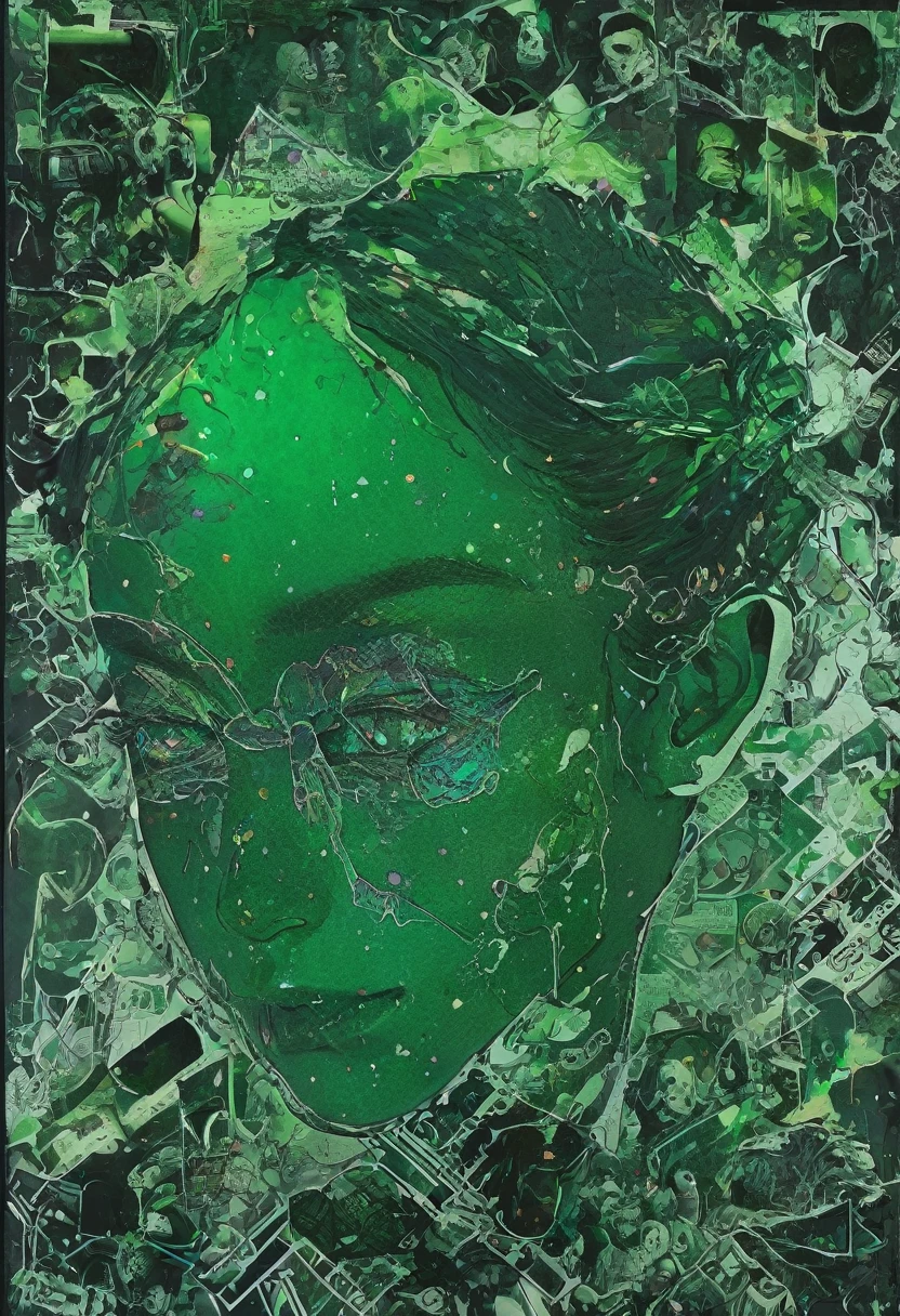 Miniature female, woman, green vaporwave holographic split collage multiple pictures wonderland 1990 sci-fi anime art glitter face close up android chains knife bleeding stamps fool gator rotting skeleton fish scales glowing eyes in the dark pattern art collage minimalism manga sketch design sheet comics frames speech bubbles with text