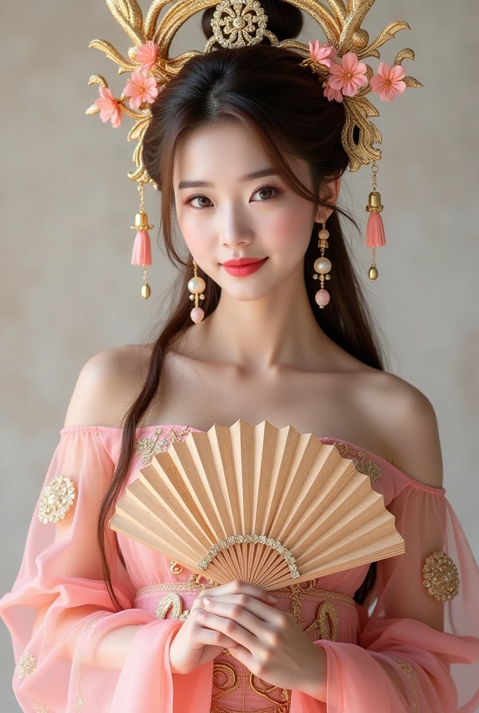 Photo of a woman in a pink and gold costume, ancient chinese game costume, transparent, thin fabric, hanfu, chinese_clothes, off shoulders, liu yifei, Phoenix crown, crown with many sparkling gold accessories and flowers, hair stick, (delicate, gentle pose), pose for photo bring a sense of fairy, fairy spirit, holding ancient fan, ((looking at viewer)), light smile, no background, professional photographer studio lighting, (((cosplay character game))), ((full body shot)), three of kingdoms, the wind makes the hair fly, (((the brown hair is thick, long and fluttering))), ((photo-realistic skin with visible pores and blemishes)), masterpiece, best quality, 8k, (raw photo:1.2),((photorealistic:1.4)), ultra-detailed, highres, extremely detailed
