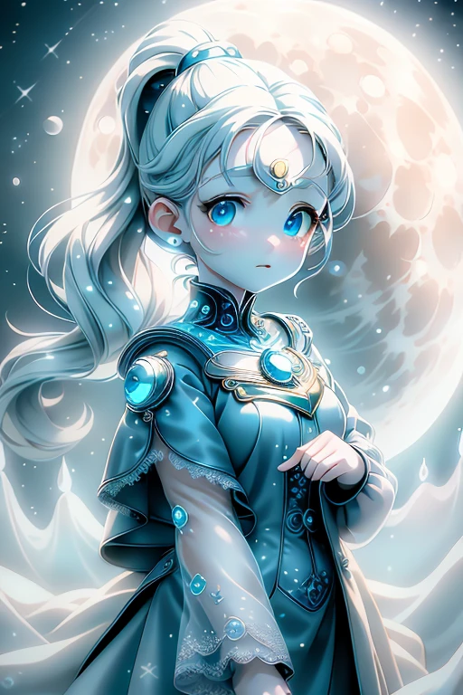 masterpiece, (Highest quality:1.2), (Very detailed:1.2), figure, (Very delicate and beautiful:1.2),Movie angle,floating, (Beautiful attention to detail:1.1), (Detailed light:1.1),Cinema Lighting, Beautifully detailed skies, woman, Gray Hair, blue eyes, (High Ponytail:1.1), Cape, Glowing Eyes, (moon:1.2), (moonlight:1.1), Starry Sky, (Lighting particles:1.1), fog, Snow Painting, sketch, bloom
