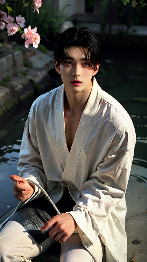 best quality,masterpiece,Ultra-high resolution,(photoactual:4：0),Peach blossom tree,One,hansome,dashing,Immortal temperament,20 year old oriental man,long hair shawl,Red and white long robe,sit on the river bank,Peach blossom tree下,Master the wine gourd in one hand,drink wine,Hold the fishing rod in the other hand，fishing