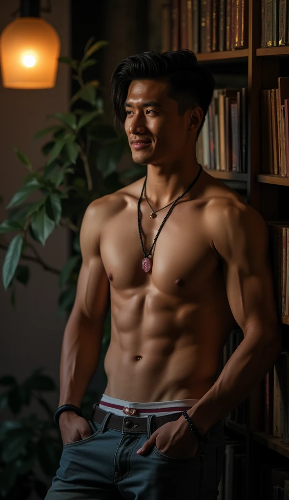 nsfw, best quality, masterpiece, extremely detailed, masculine, y, homxtremely handsome, 25 year old borneo man, square face with chubby cheeks, middle parting hair, muscular bodybuilder, cheeky smile, fitted clothes, bulge, rose quartz crystal pendant, bead bracelet, back leaning against bookshelf, unbuttoned pants, exposed underwear waistband, in library, side view, afterhours, at midnight, cinematic shadows, dreamy atmosphere, perfect face, perfect fingers, perfect hands, perfection