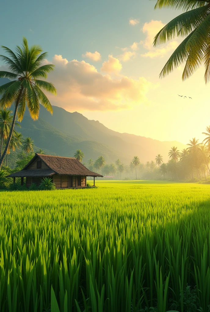 generate a view at paddy field with colour green and yelllow, morning sunrise and mountain as the background, coconut trees with an old wooden house, birds flying, hyper-realistic, highly-detailed, ultra-sharp, 3d rendering, bright colours, surrealism.