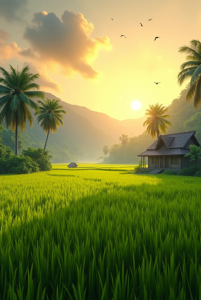 generate a view at paddy field with colour green and yelllow, morning sunrise and mountain as the background, coconut trees with an old wooden house, birds flying, hyper-realistic, highly-detailed, ultra-sharp, 3d rendering, bright colours, surrealism.