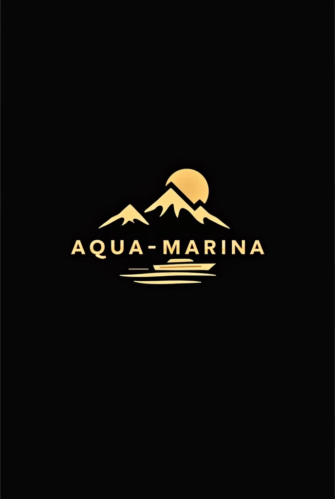 Generate minimalist logo with the name Aqua-Marina, black background without shadows and gold letters, with the following elements: the Sun from behind, 3 Peaks Mountain, The Sea and a Boat