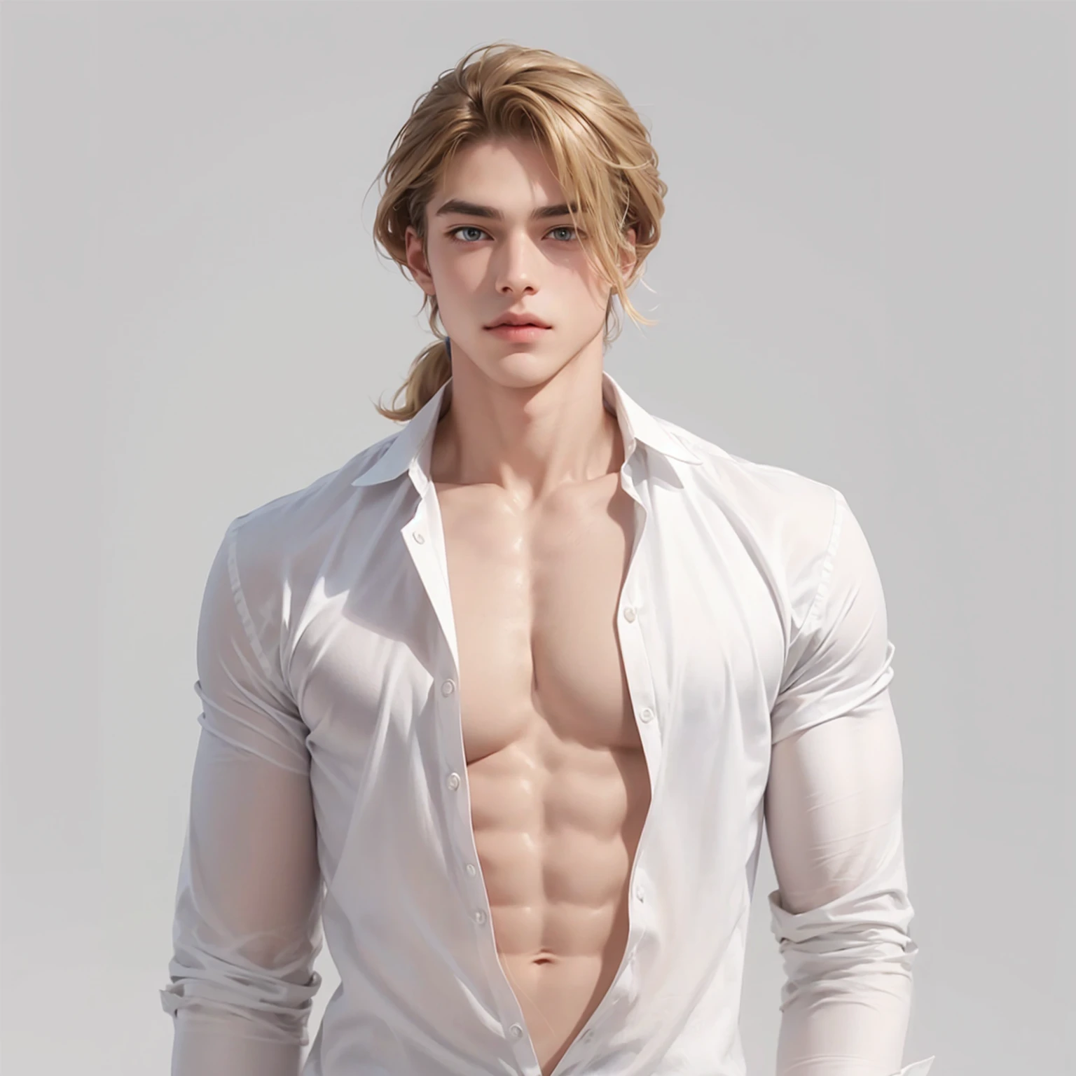 (No light and shadow environment:2),Soothing tones,Soft colors,A 23-year-old European and American model,(Shut up:1.5),(Hair sticking to scalp:1.5),Golden brown slightly curly shoulder-length hair,Ponytail hairstyle,Middle parting hairstyle,Edward Furlan,blond,With a melancholy expression,Blonde curly hair,male,White background,High Detail,male焦点,Abdominal muscles,Chest muscles,White shirt,Looking at the audience,