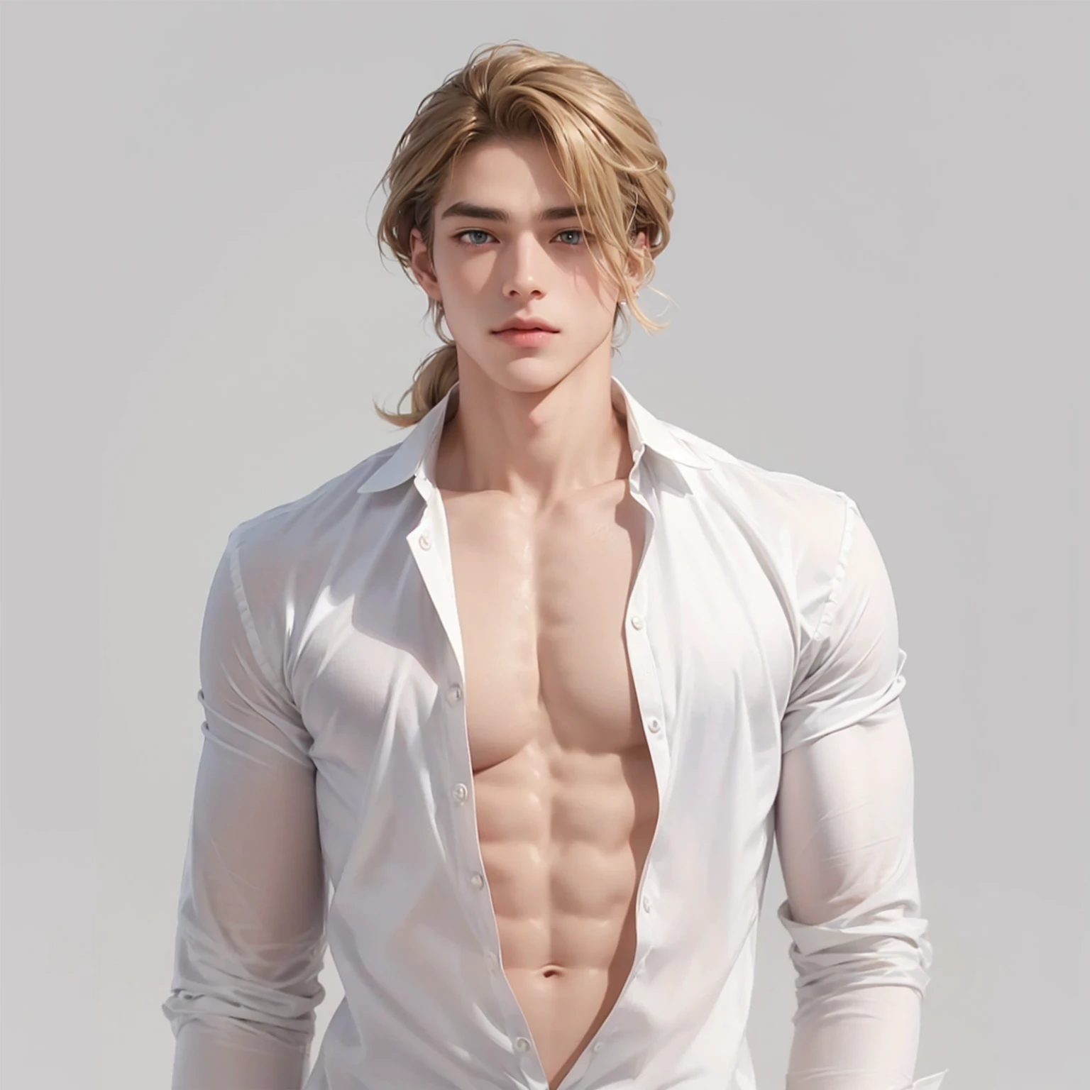 (No light and shadow environment:2),Soothing tones,Soft colors,A 23-year-old European and American model,(Shut up:1.5),(Hair sticking to scalp:1.5),Golden brown slightly curly shoulder-length hair,Ponytail hairstyle,Middle parting hairstyle,Edward Furlan,blond,With a melancholy expression,Blonde curly hair,male,White background,High Detail,male焦点,Abdominal muscles,Chest muscles,White shirt,Looking at the audience,