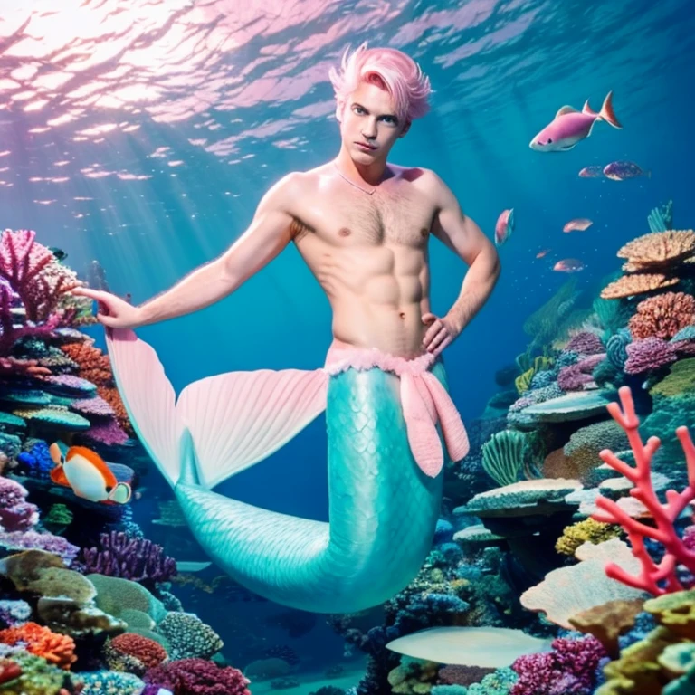 solo, merman, long merman tail below waistline, short hair, male chest, pink hair, blue eyes, underwater sea, coral, fish,