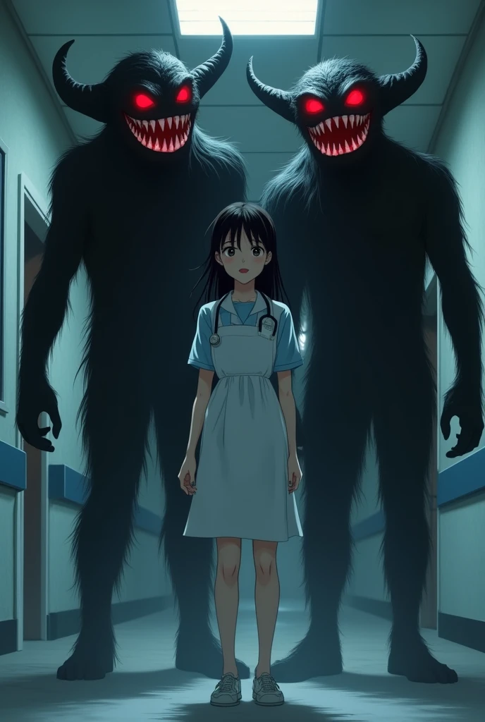 Create an anime image of a female character from demon slayer anime with ice breath tied up and gagged in a corner of a dark captivity and onis on her side from demon slayer anime
